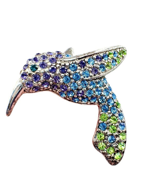 Monet Jewelry - Monet Hummingbird Brooch Pin Silver Tone Pave Purple Blue Green Rhinestones 1"